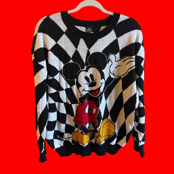 DISNEY Mickey Mouse black/white Argyle Knit Pullover Crewneck Women's Size L - Thumbnail 2