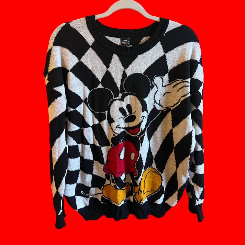 DISNEY Mickey Mouse black/white Argyle Knit Pullover Crewneck Women's Size L