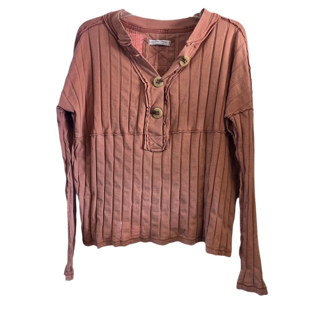 Women’s We The Free top Chunky Buttons Ribbed Sz Small Oversized Dusty Orange - Thumbnail 5