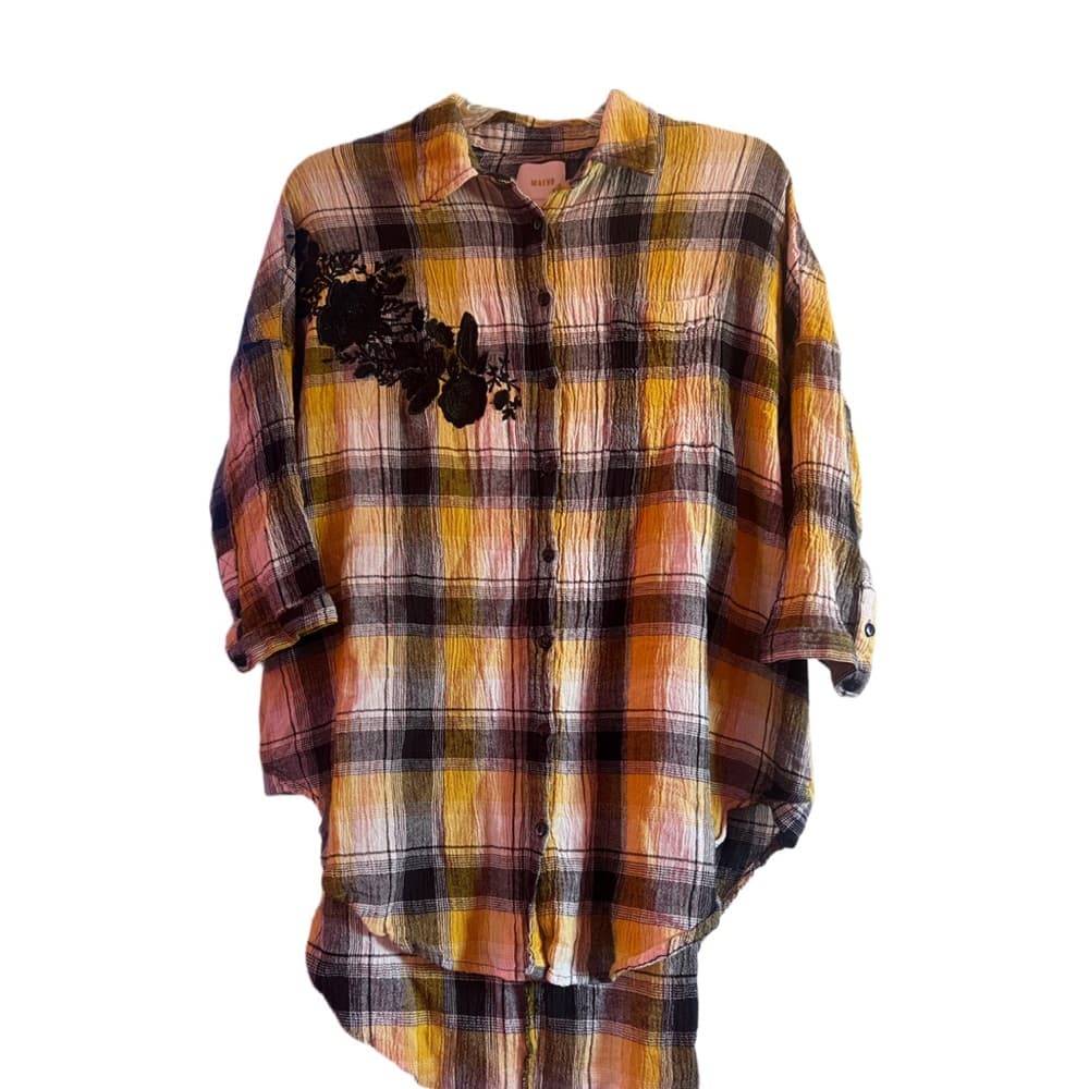 Anthropologie Maeve Black/Yellow Embroidered Plaid Top sz XS/S Oversized - Thumbnail 2