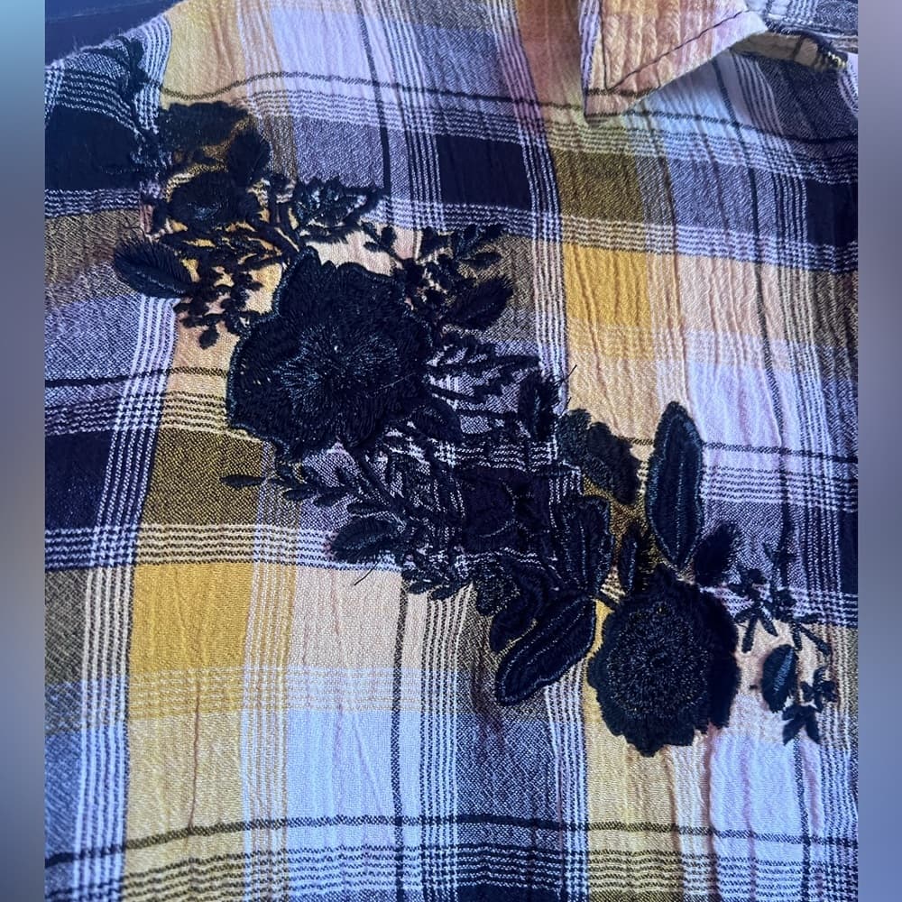 Anthropologie Maeve Black/Yellow Embroidered Plaid Top sz XS/S Oversized - Thumbnail 4