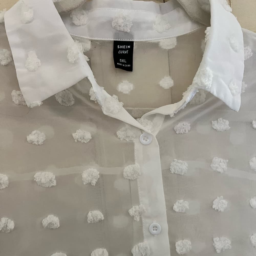 SHEIN Button Down Top Curve 0XL White Raised Dots Sheer - Thumbnail 4