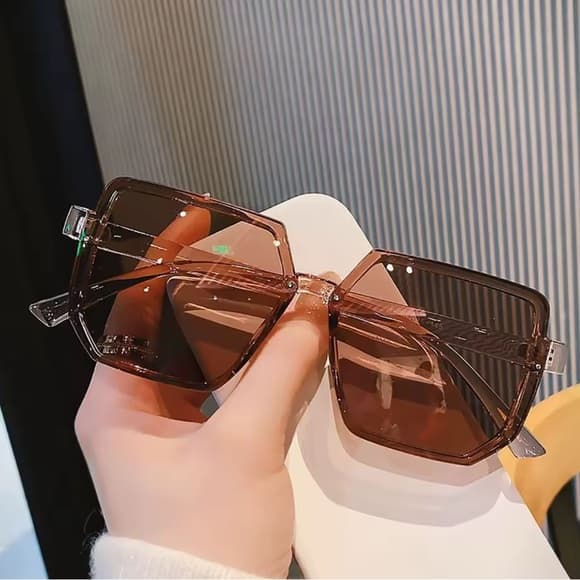 NWOT Men/Women Big Frame Brown Sunglasses Polygon Retro Trendy - Thumbnail 2