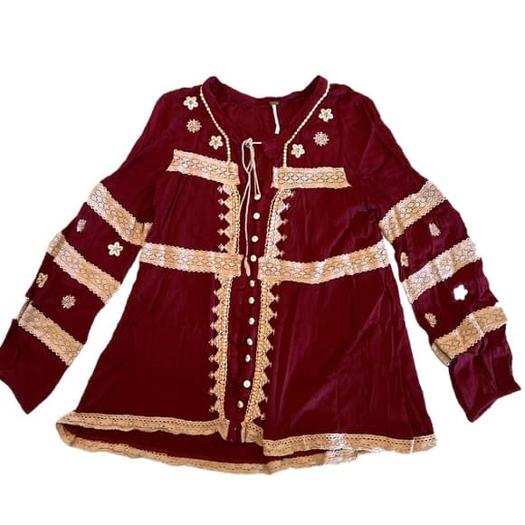 FREE PEOPLE burgundy embroidered top size S|P - Thumbnail 2