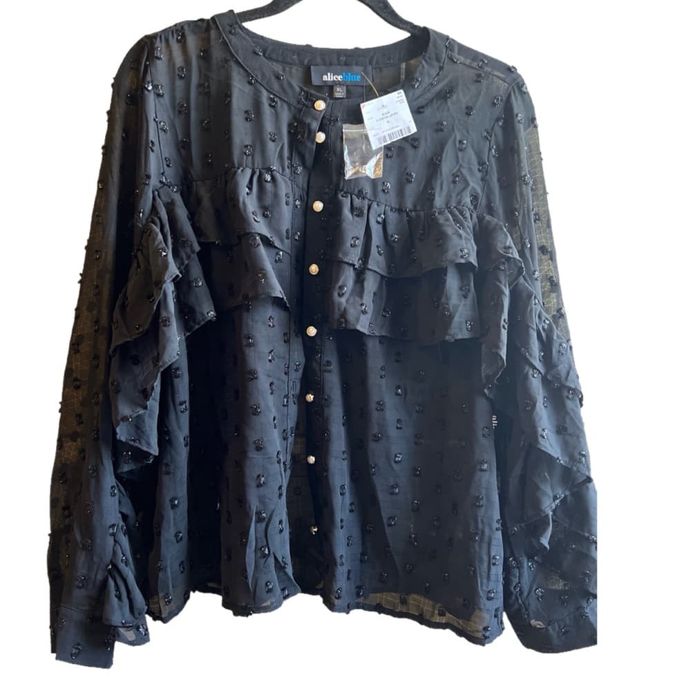 NWT Alice Blue Size XL black dressy blouse with ruffle detail and pearl buttons