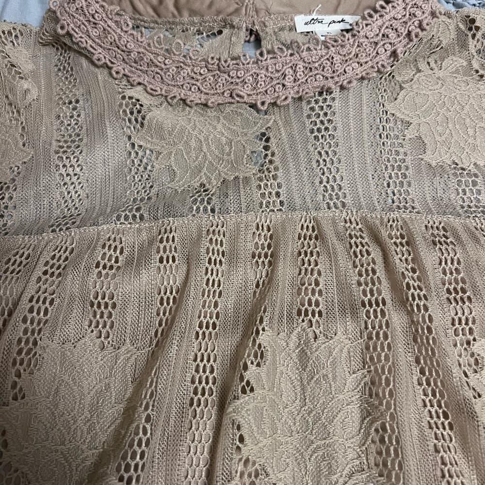 Women Ultra Pink Tan Lace Top Blouse Size XL - Thumbnail 5