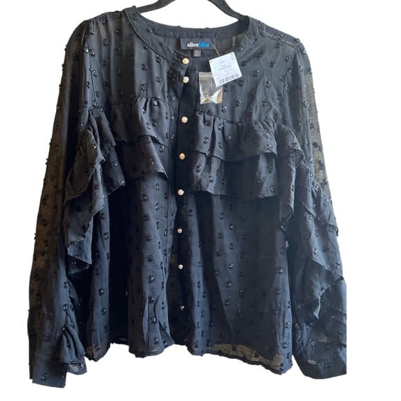 NWT Alice Blue Size XL black dressy blouse with ruffle detail and pearl buttons - Thumbnail 2