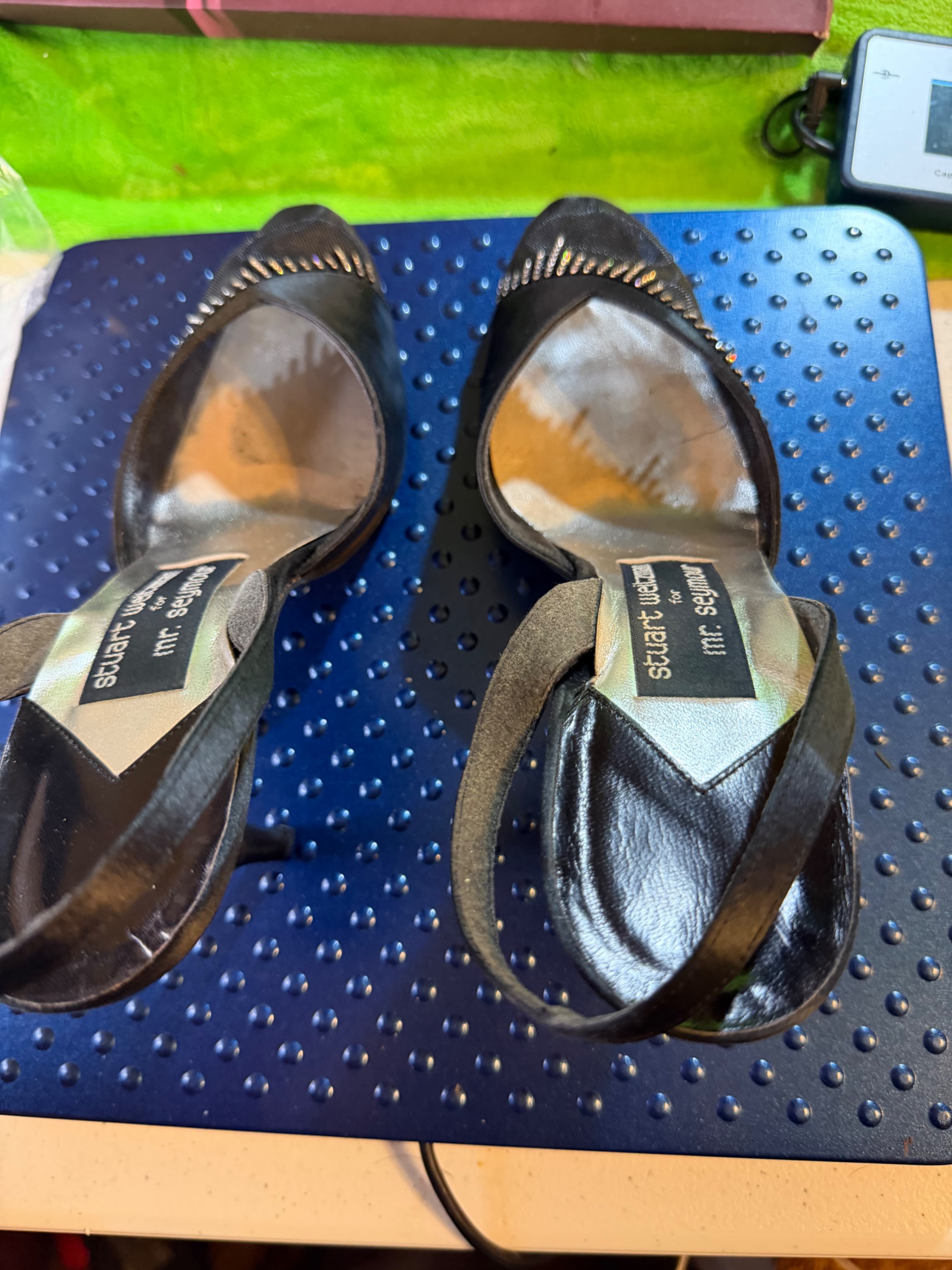 Vtg Stuart Weitzman Mr Seymour Black Satin Rhinestone Slingback Sz 9.5N - Thumbnail 7