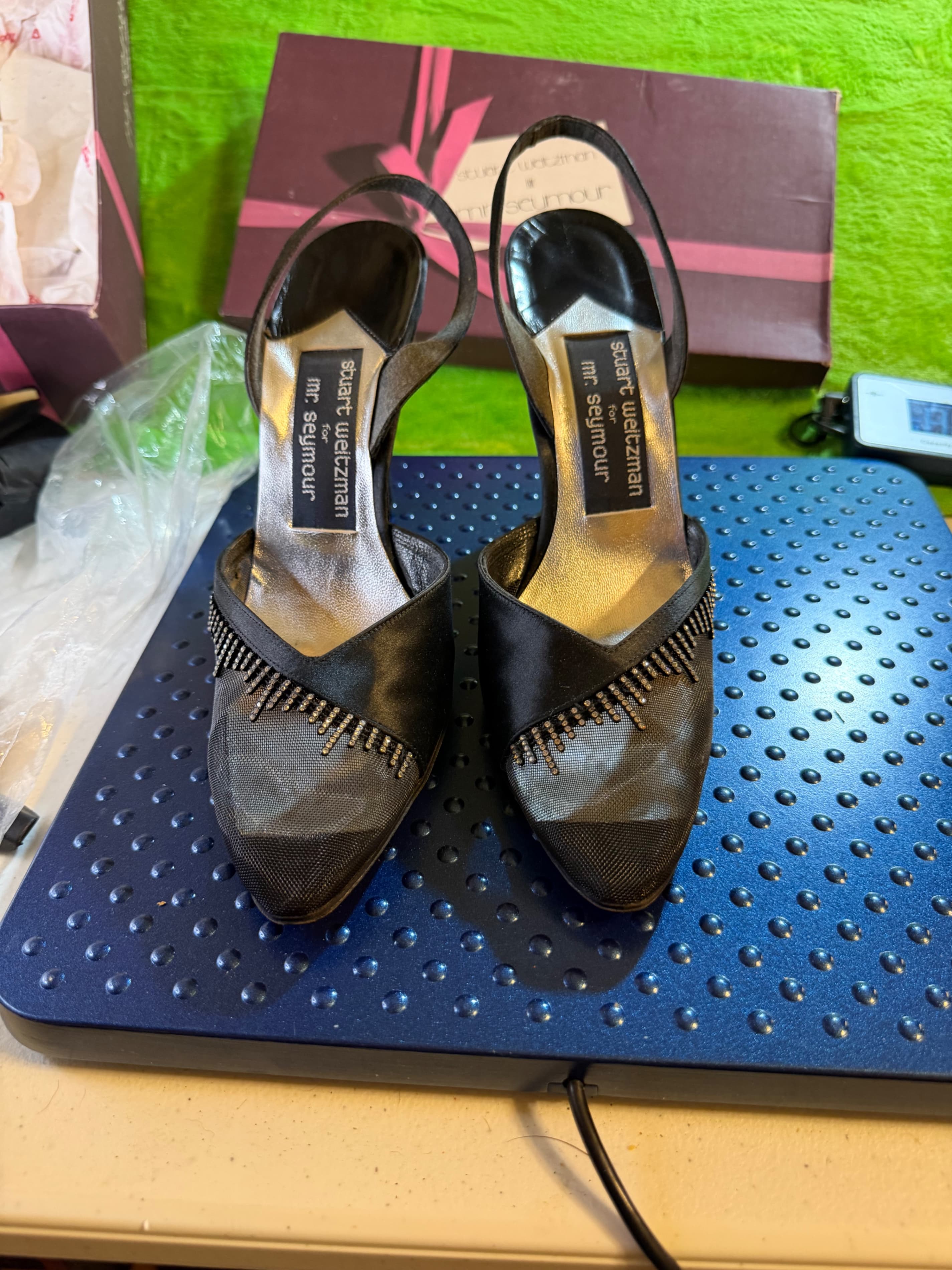Vtg Stuart Weitzman Mr Seymour Black Satin Rhinestone Slingback Sz 9.5N - Thumbnail 2