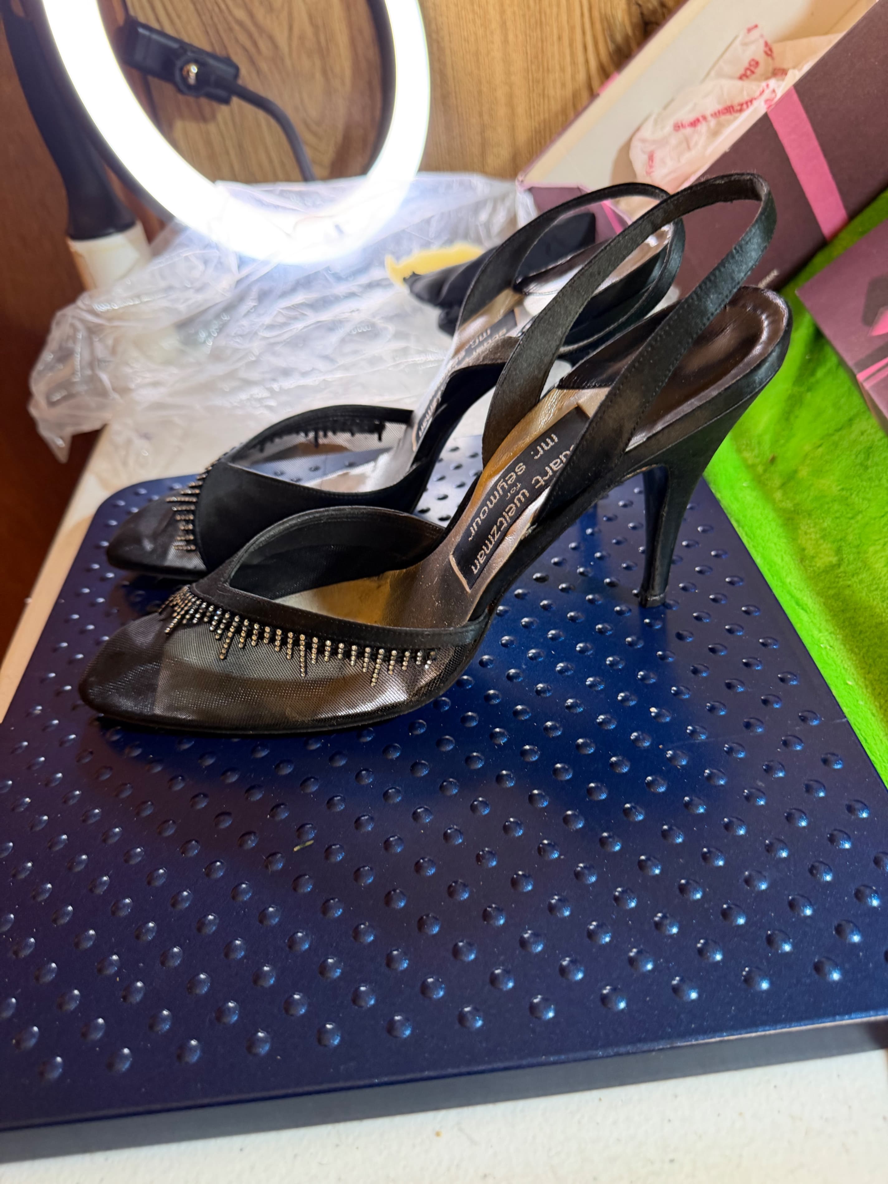 Vtg Stuart Weitzman Mr Seymour Black Satin Rhinestone Slingback Sz 9.5N - Thumbnail 3