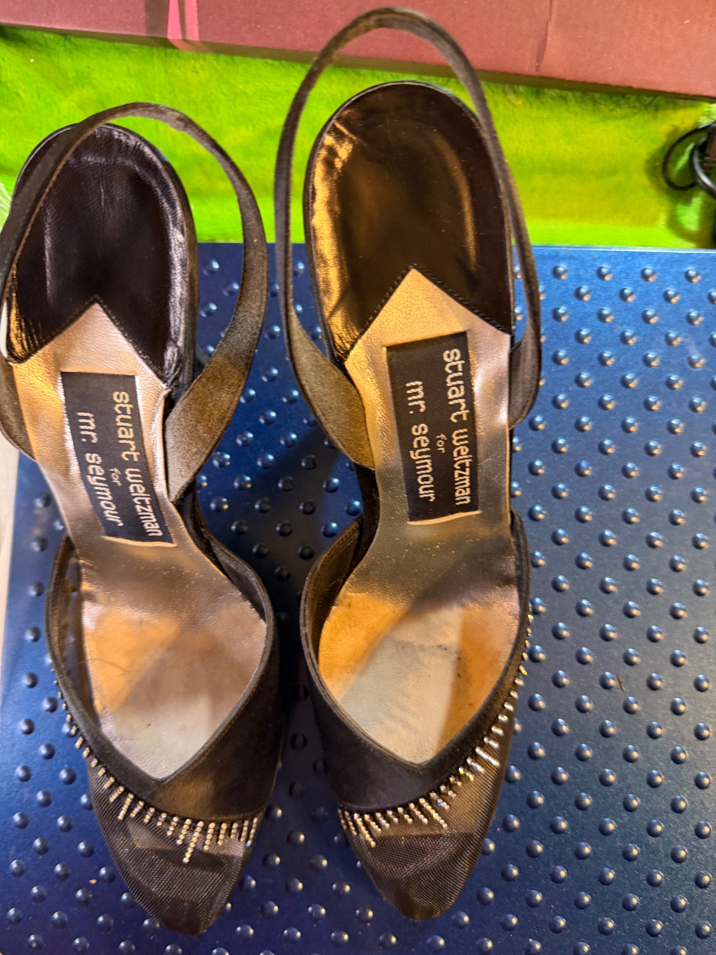 Vtg Stuart Weitzman Mr Seymour Black Satin Rhinestone Slingback Sz 9.5N - Thumbnail 4
