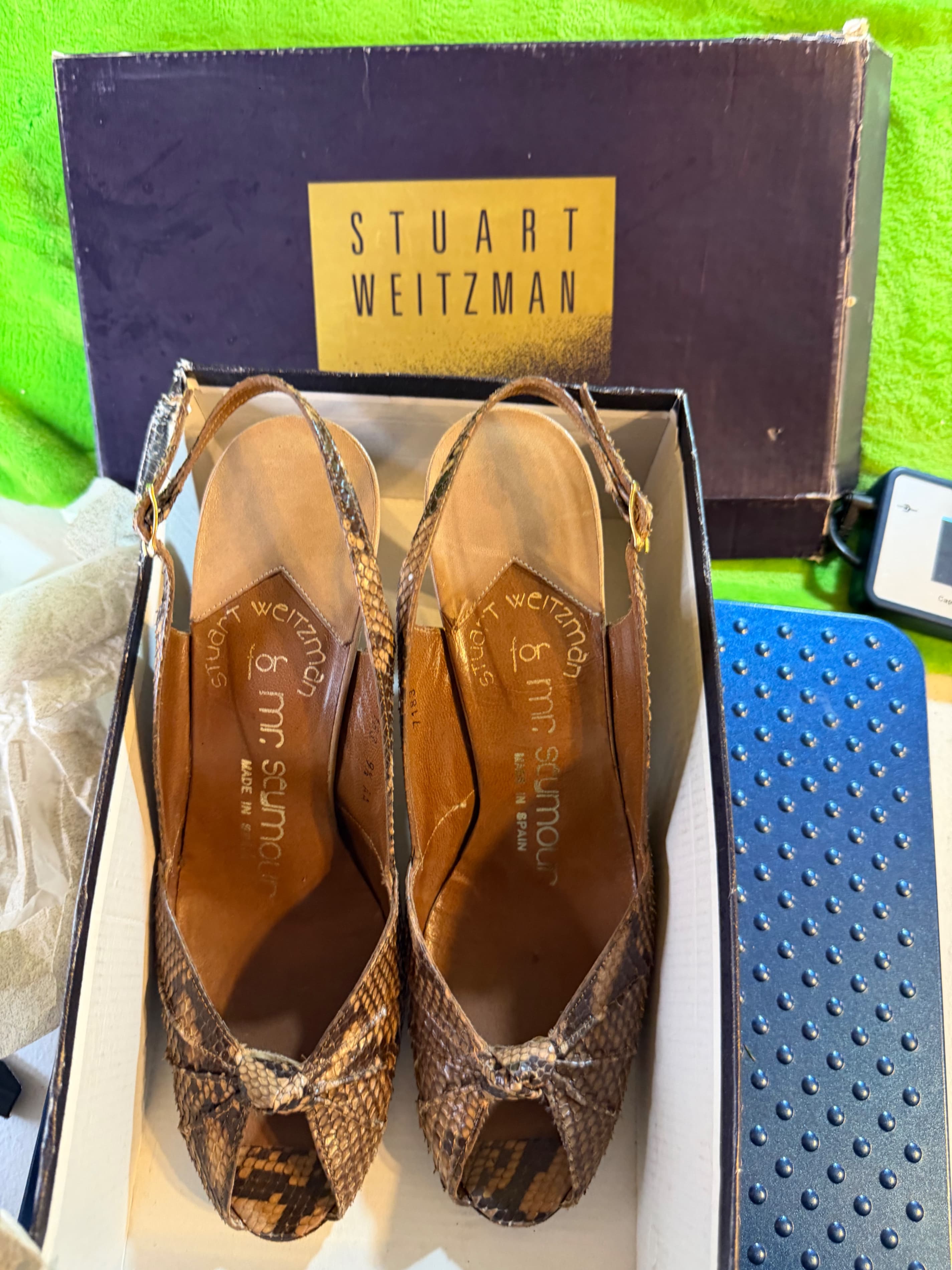 Vtg Stuart Weitzman Mr Seymour Snakeskin Peep Toe Slingback Sz 9.5AA
