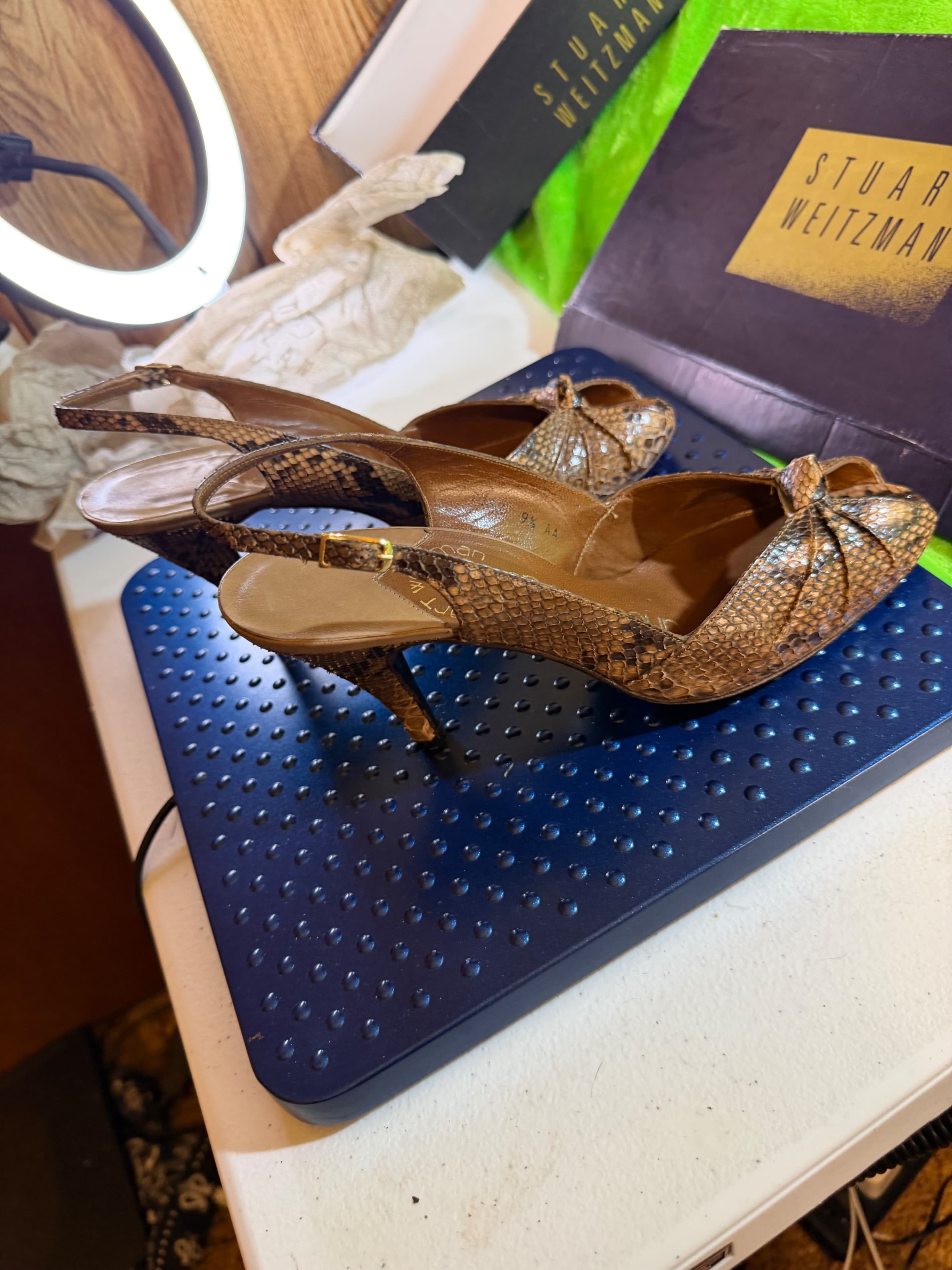 Vtg Stuart Weitzman Mr Seymour Snakeskin Peep Toe Slingback Sz 9.5AA - Thumbnail 7