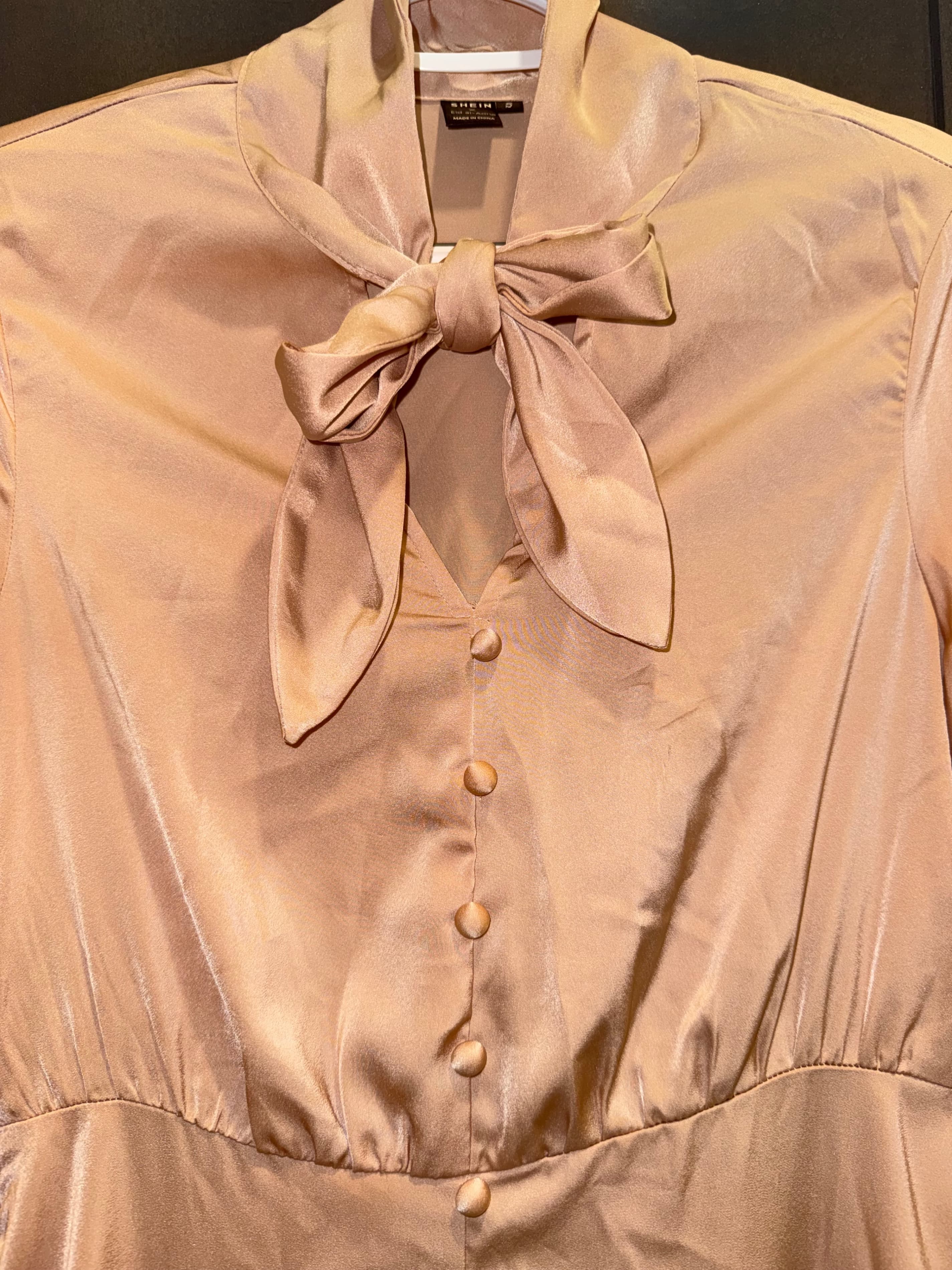 Shein Peach Button-Down Dress with Bow Tie Neck Size S - Thumbnail 4