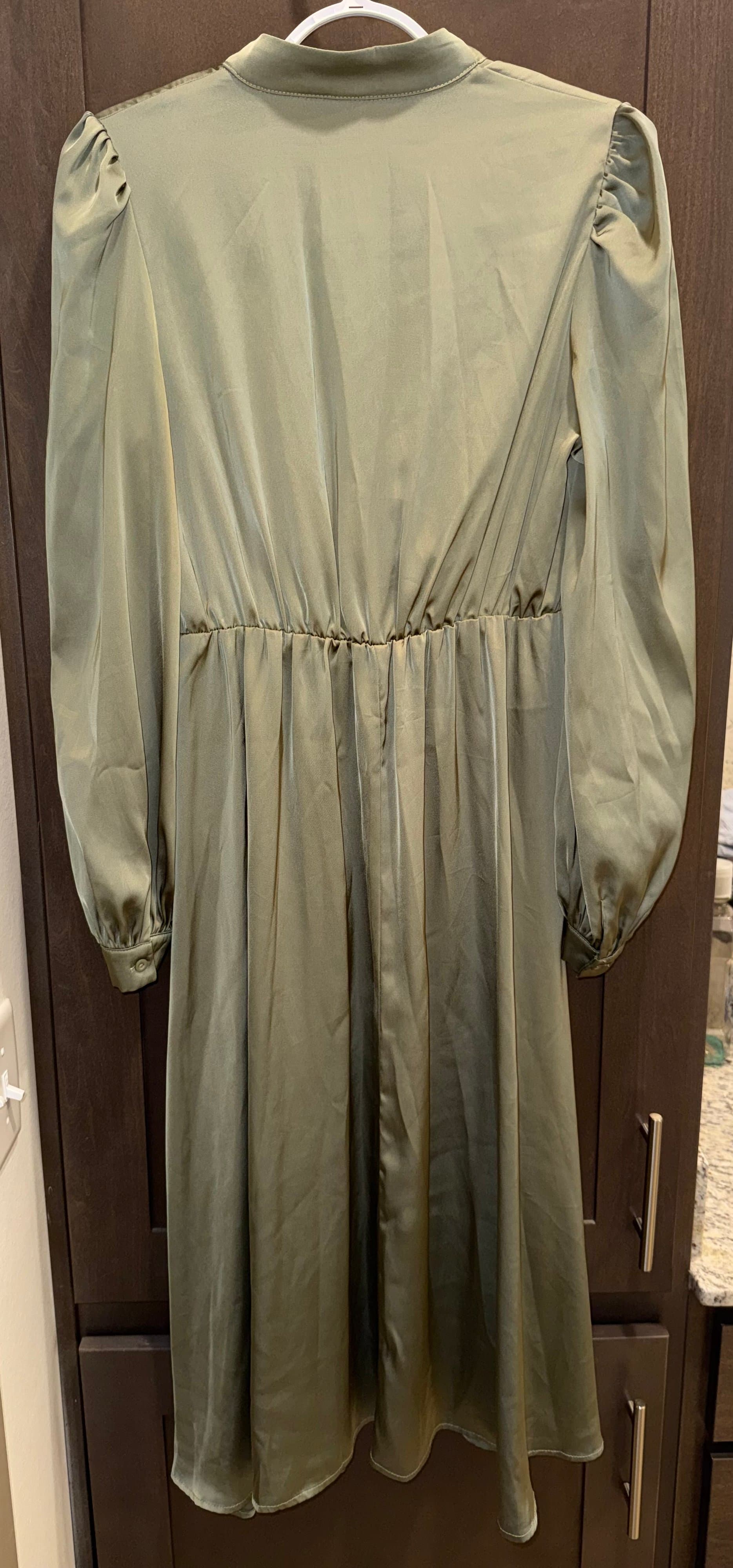 Shein Sage Green Long Sleeve Midi Dress with Tie Neck Size S - Thumbnail 2