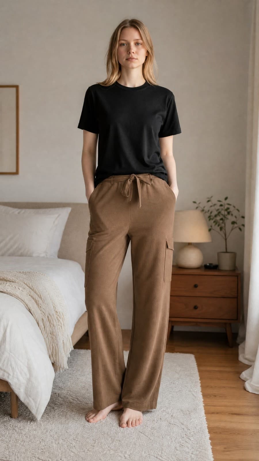 Beige Tapered Dress Pants for Women with Elastic Waist and Pockets, Flat Front - Thumbnail 2