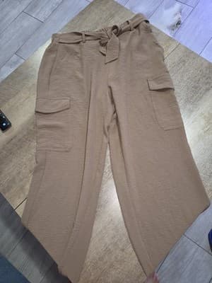 Beige Tapered Dress Pants for Women with Elastic Waist and Pockets, Flat Front - Thumbnail 3