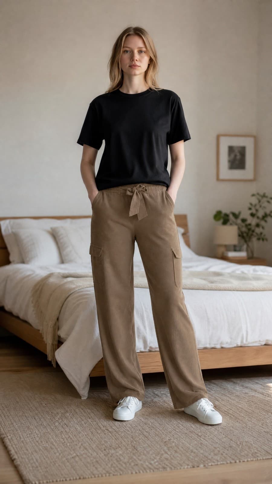 Beige Tapered Dress Pants for Women with Elastic Waist and Pockets, Flat Front
