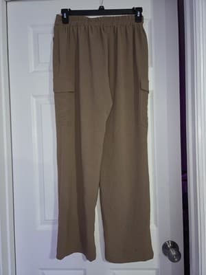 Beige Tapered Dress Pants for Women with Elastic Waist and Pockets, Flat Front - Thumbnail 7