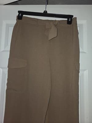 Beige Tapered Dress Pants for Women with Elastic Waist and Pockets, Flat Front - Thumbnail 5