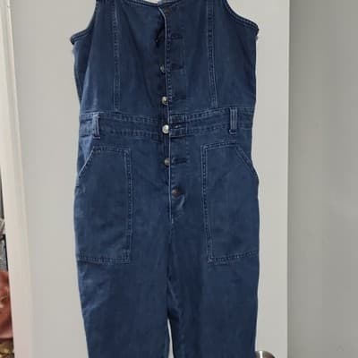 Aerie Women's Denim Jumpsuit Sleeveless Button Front Straight Leg Pockets Size L