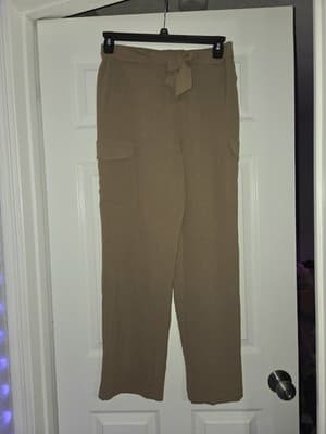 Beige Tapered Dress Pants for Women with Elastic Waist and Pockets, Flat Front - Thumbnail 6