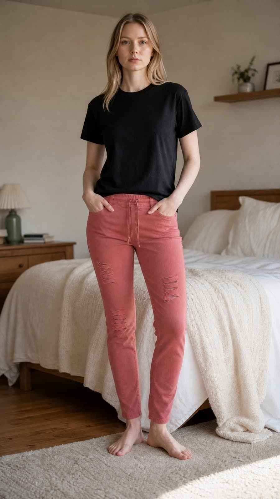 Ling Collection Pink Size Large Women's Stretchy Pants Elastic Waist Pockets - Thumbnail 2