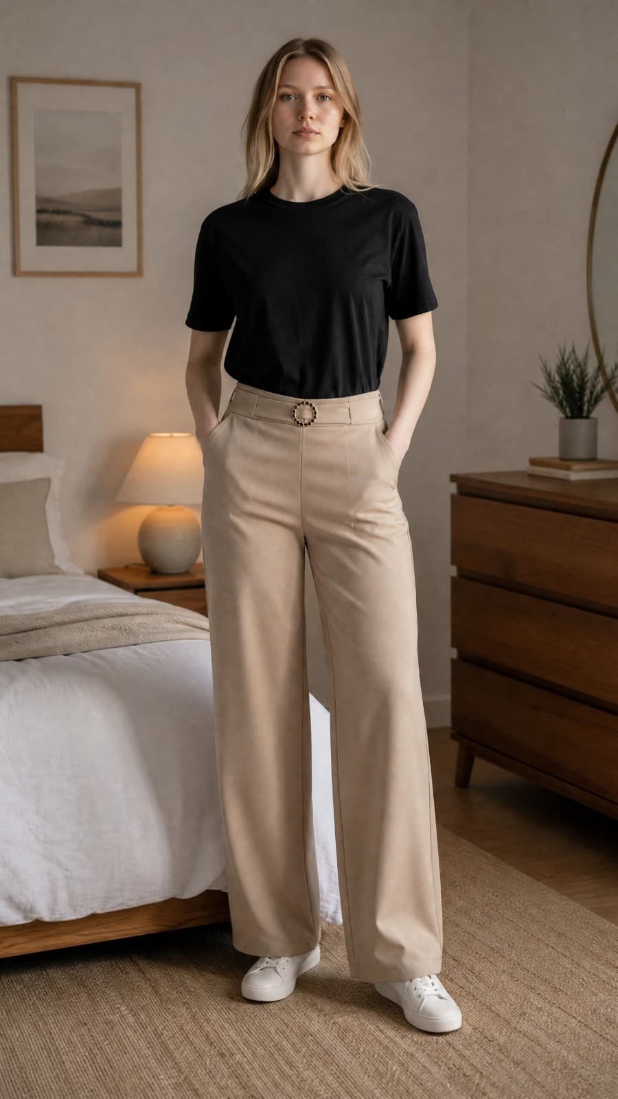LOFT Women’s Wide Leg Drawstring Pants Beige Pockets Elastic Waist Size L NWT