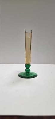 Vintage Steuben Art Glass Fan Vase 6287 Amber Optic Ribbed Pomona Green Foot Dec - Thumbnail 3