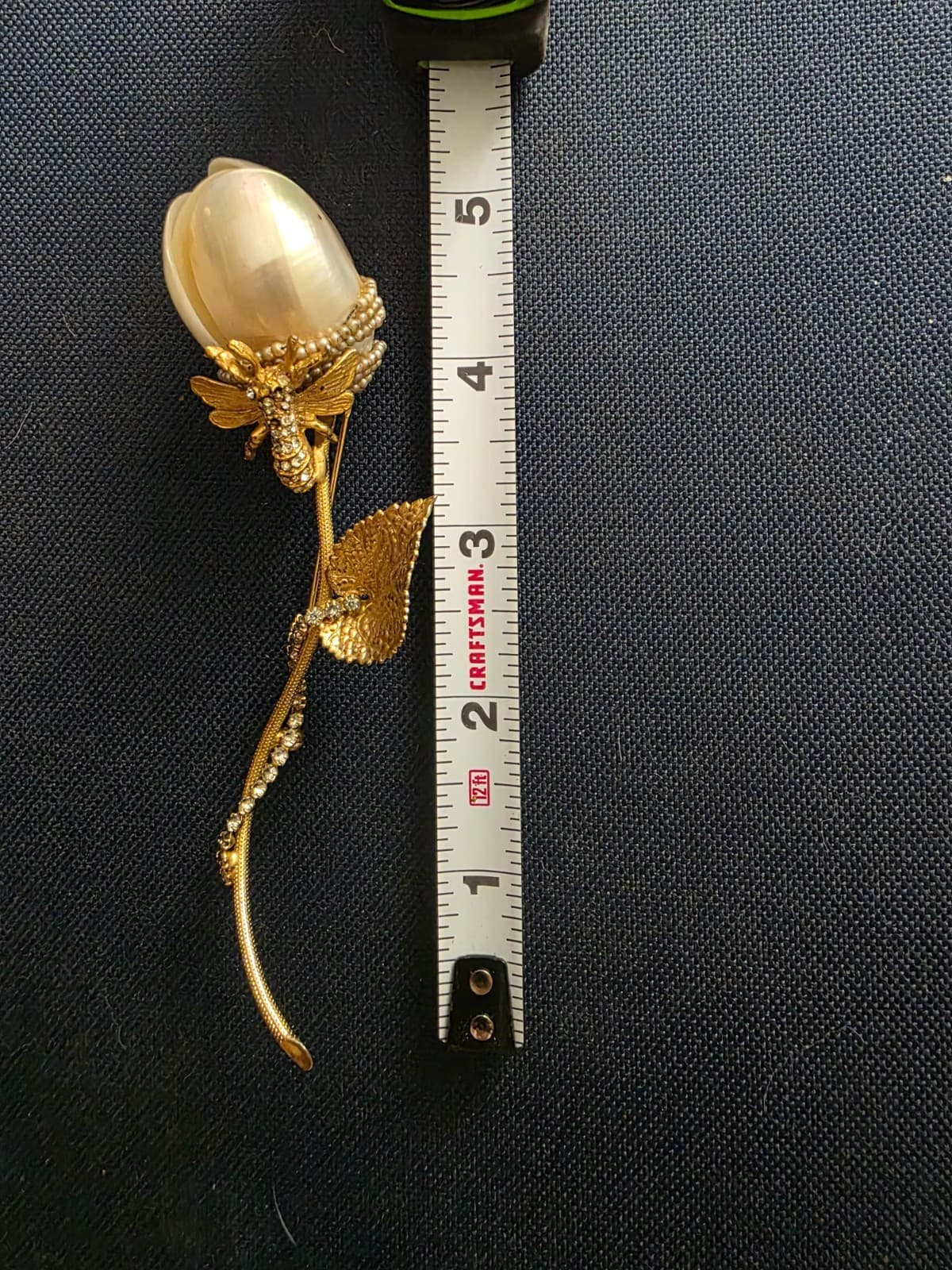 Hattie Carnegie Vintage Signed Floral Bee Brooch Gold Tone Rhinestone Pearl Pin - Thumbnail 6