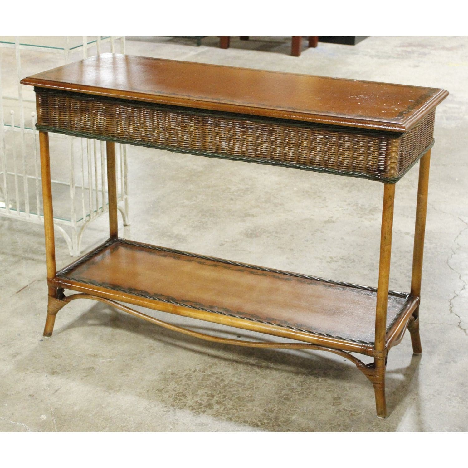 Handpainted Wood & Wicker Console Table - Thumbnail 3