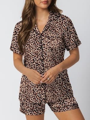 Leopard Print Short Sleeve Pajama Set - Soft Lightweight Sleepwear, Size S