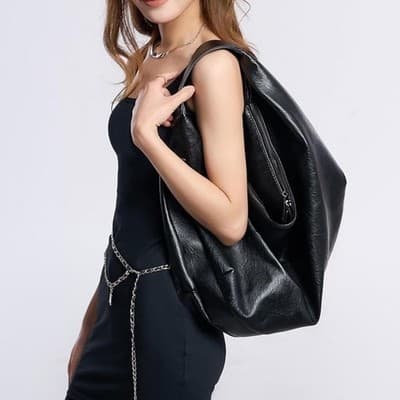 Women's Large Vegan Leather Slouchy Crescent Tote Shoulder Bag - Thumbnail 4