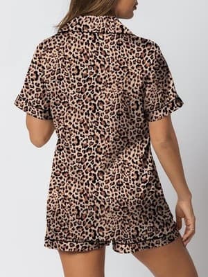 Leopard Print Short Sleeve Pajama Set - Soft Lightweight Sleepwear, Size S - Thumbnail 4