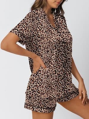 Leopard Print Short Sleeve Pajama Set - Soft Lightweight Sleepwear, Size S - Thumbnail 3
