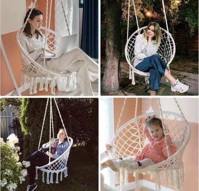 Macrame Hammock Swing Chair 550Lb Cotton Rope Boho Indoor Outdoor (Beige) - Thumbnail 3