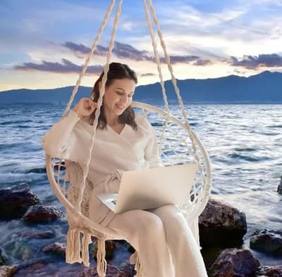 Macrame Hammock Swing Chair 550Lb Cotton Rope Boho Indoor Outdoor (Beige) - Thumbnail 2