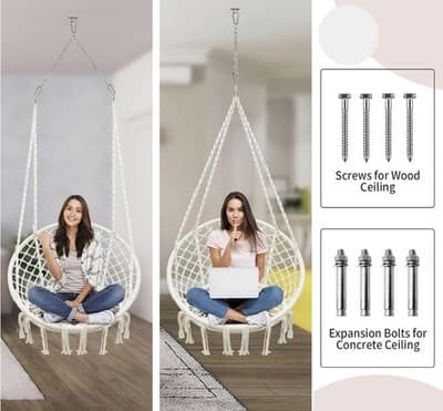 Macrame Hammock Swing Chair 550Lb Cotton Rope Boho Indoor Outdoor (Beige) - Thumbnail 5