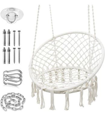 Macrame Hammock Swing Chair 550Lb Cotton Rope Boho Indoor Outdoor (Beige)