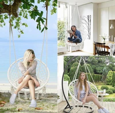 Macrame Hammock Swing Chair 550Lb Cotton Rope Boho Indoor Outdoor (Beige) - Thumbnail 4