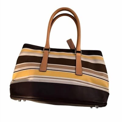 Coach Striped Tote Bag Brown Tan Yellow Leather Trim Signature Canvas Handbag - Thumbnail 5