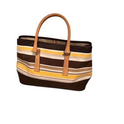 Coach Striped Tote Bag Brown Tan Yellow Leather Trim Signature Canvas Handbag - Thumbnail 2
