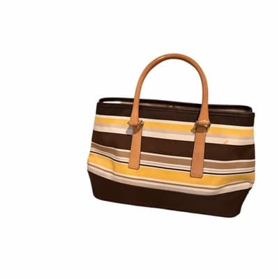 Coach Striped Tote Bag Brown Tan Yellow Leather Trim Signature Canvas Handbag - Thumbnail 4