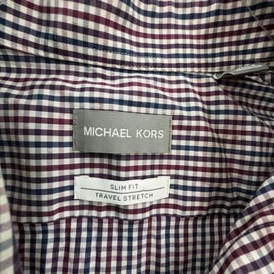 Michael Kors Mens Slim Fit Travel Stretch Gingham Shirt Burgundy