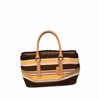 Coach Striped Tote Bag Brown Tan Yellow Leather Trim Signature Canvas Handbag - Thumbnail 7