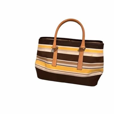 Coach Striped Tote Bag Brown Tan Yellow Leather Trim Signature Canvas Handbag - Thumbnail 6