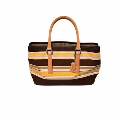 Coach Striped Tote Bag Brown Tan Yellow Leather Trim Signature Canvas Handbag - Thumbnail 3