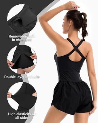 Wenlia Women's Workout Romper Black Built-In Bra & Shorts- Sz MEDIUM