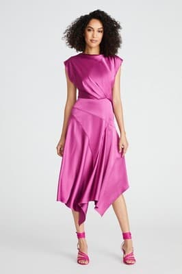 Asymmetric Satin Midi Dress in Fuchsia - Elegant Evening - Thumbnail 2