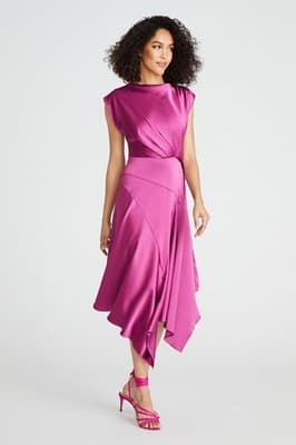 Asymmetric Satin Midi Dress in Fuchsia - Elegant Evening - Thumbnail 3
